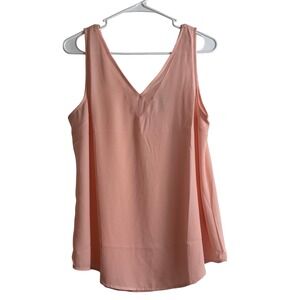 00774 MADISON GREY Coral V Neck Sleeveless Sheer Overlay Tank Top Women's Medium